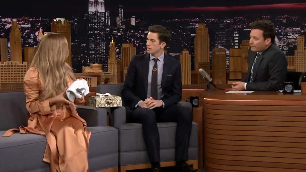 Cardi B and John Mulaney during their 2018 Tonight Show interview segment