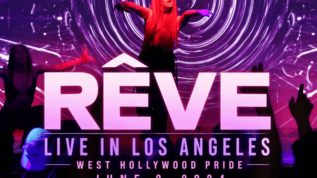 Rêve performs live during her Los Angeles debut at West Hollywood Pride on June 2, 2024, in a vibrant dance-pop set captured before a packed crowd.
