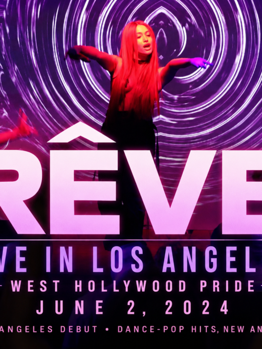 Rêve performs live during her Los Angeles debut at West Hollywood Pride on June 2, 2024, in a vibrant dance-pop set captured before a packed crowd.