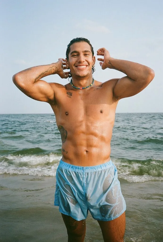 Gabriel Robles photographed by Torian Lewin in a wet fresh-faced model portrait