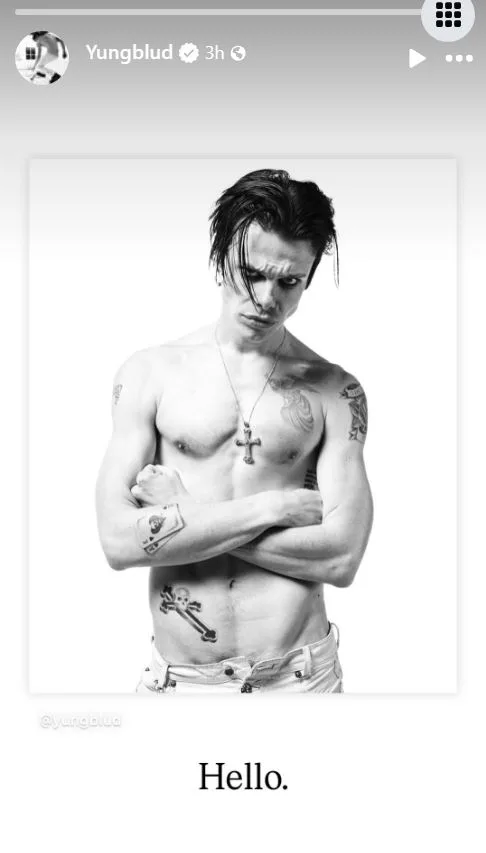 Yungblud sharing his March 2025 return photo with the caption Hello