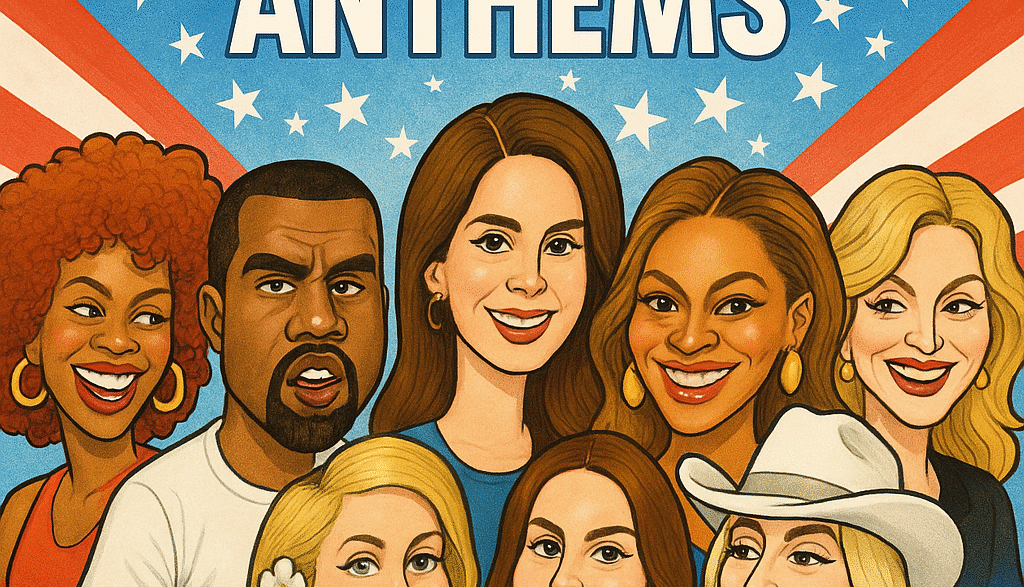 Caricature of artists Kelis, Kanye West, Paris Hilton, Lana Del Rey, Beyoncé, Lady Gaga, and Madonna with the title "Independence Day Anthems"