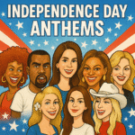 Caricature of artists Kelis, Kanye West, Paris Hilton, Lana Del Rey, Beyoncé, Lady Gaga, and Madonna with the title "Independence Day Anthems"