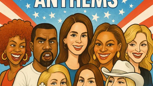 Caricature of artists Kelis, Kanye West, Paris Hilton, Lana Del Rey, Beyoncé, Lady Gaga, and Madonna with the title "Independence Day Anthems"
