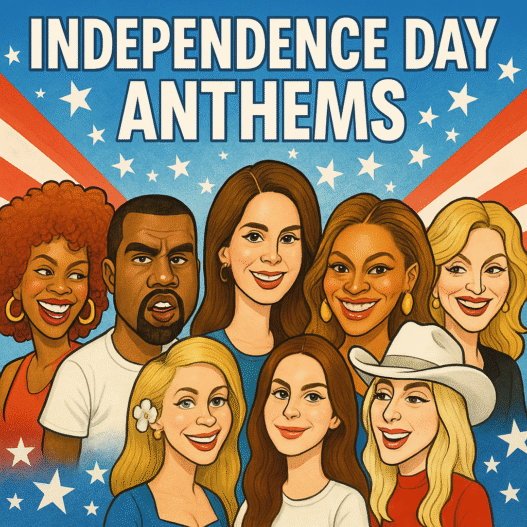 Caricature of artists Kelis, Kanye West, Paris Hilton, Lana Del Rey, Beyoncé, Lady Gaga, and Madonna with the title "Independence Day Anthems"