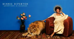 Minnie Riperton seated beside a lion in artwork inspired by her 1975 album Adventures in Paradise