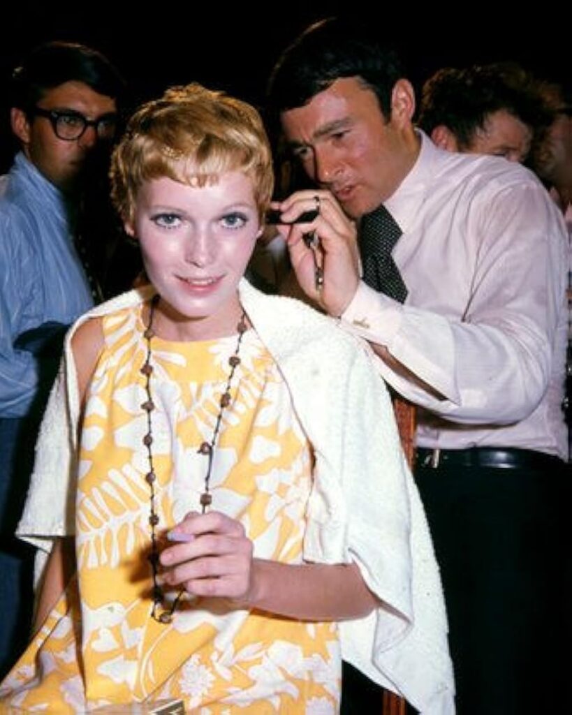 Vidal Sassoon styling Mia Farrow’s pixie cut during Rosemary’s Baby era