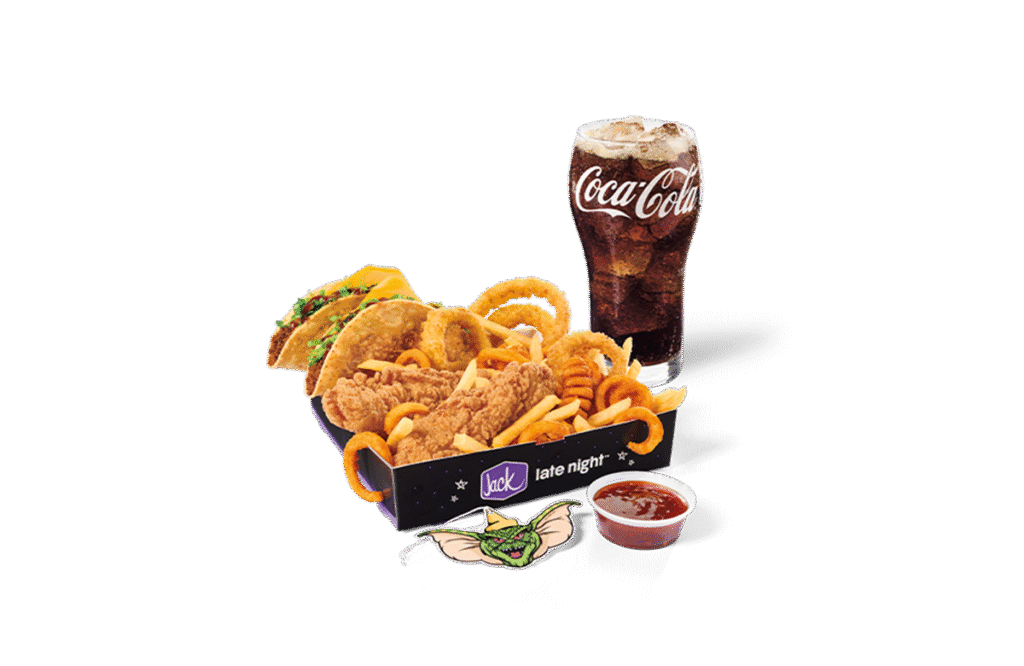 Gremlins Midnight Meal box with chicken strips, tacos, onion rings, fries, and drink