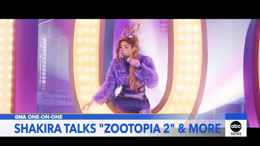 Shakira appearing on Good Morning America to promote her role as Gazelle in Zootopia 2