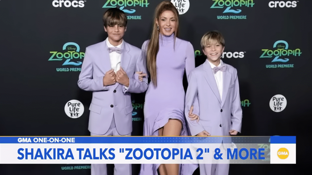 Shakira appearing on Good Morning America to promote her role as Gazelle in Zootopia 2. Shot of her and sons at premiere in lavender outfits.