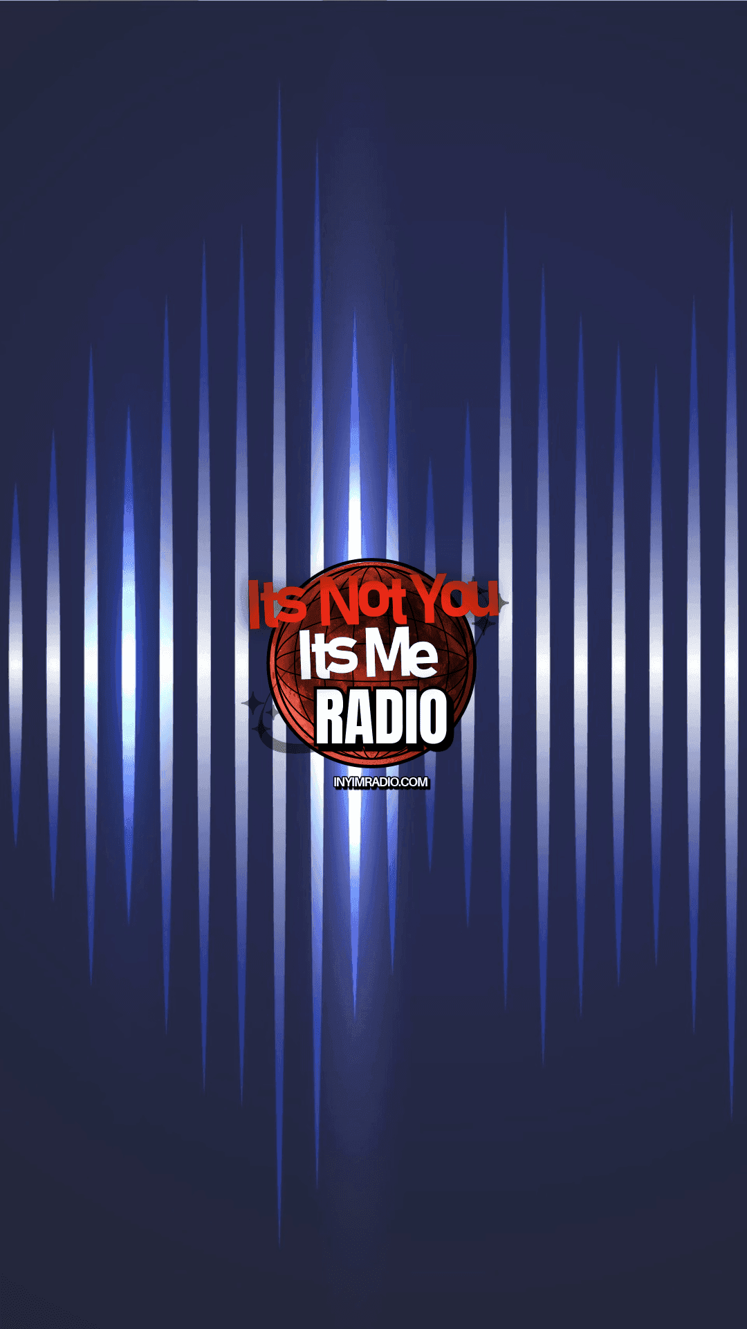 INYIM Radio vertical brand graphic with blue soundwave background and center radio logo