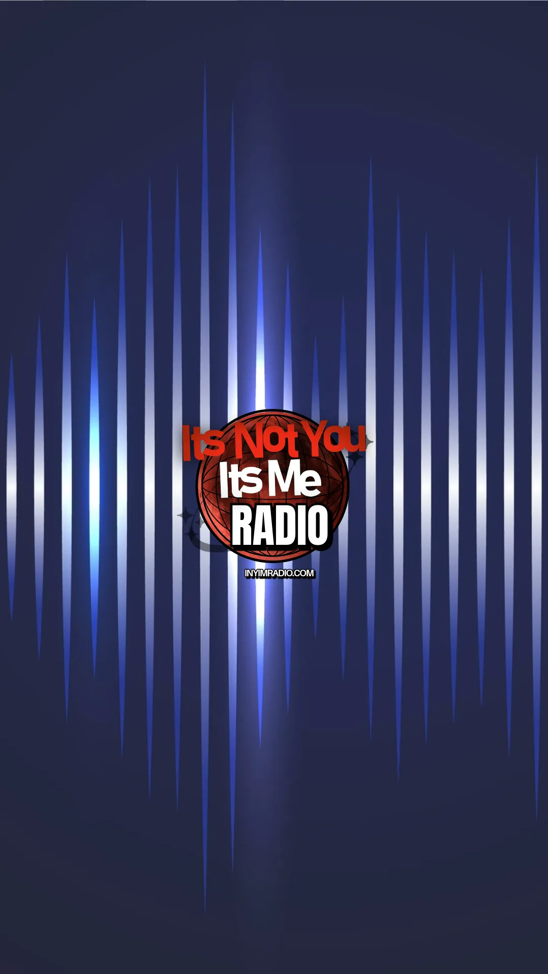 INYIM Radio vertical brand graphic with blue soundwave background and center radio logo