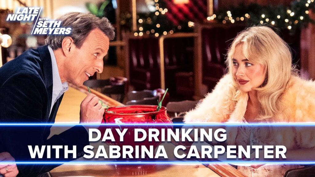 Seth Meyers and Sabrina Carpenter share giant cocktails in Day Drinking holiday episode
