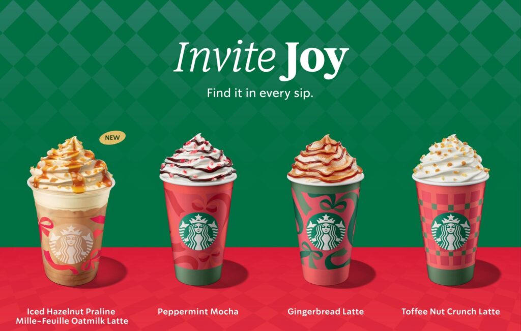 Starbucks holiday drinks lineup on counter with seasonal cups
