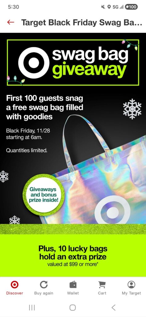 Target Black Friday swag bag promotion with tote and small items