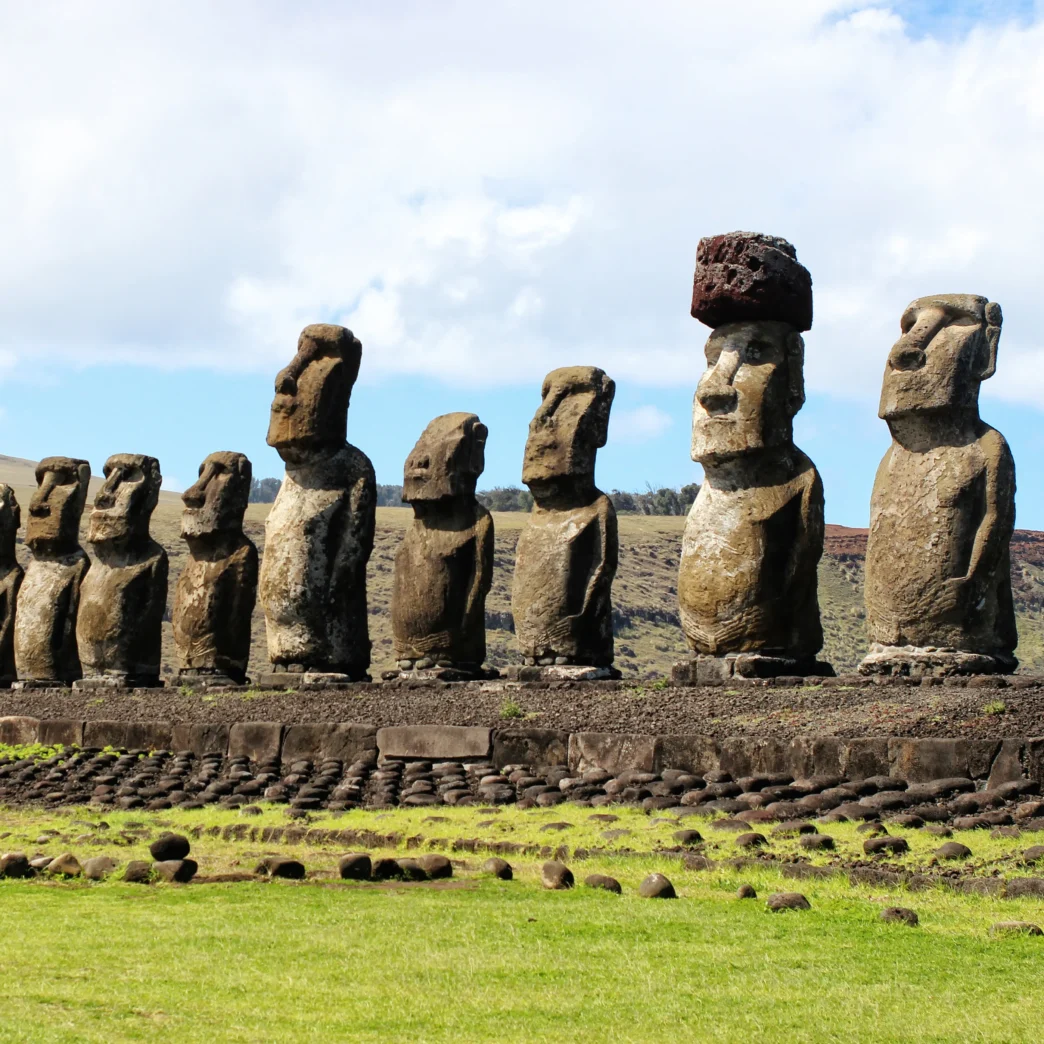 Easter Island statues (moai) on Rapa Nui standing along the coast