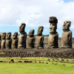 Easter Island statues (moai) on Rapa Nui standing along the coast
