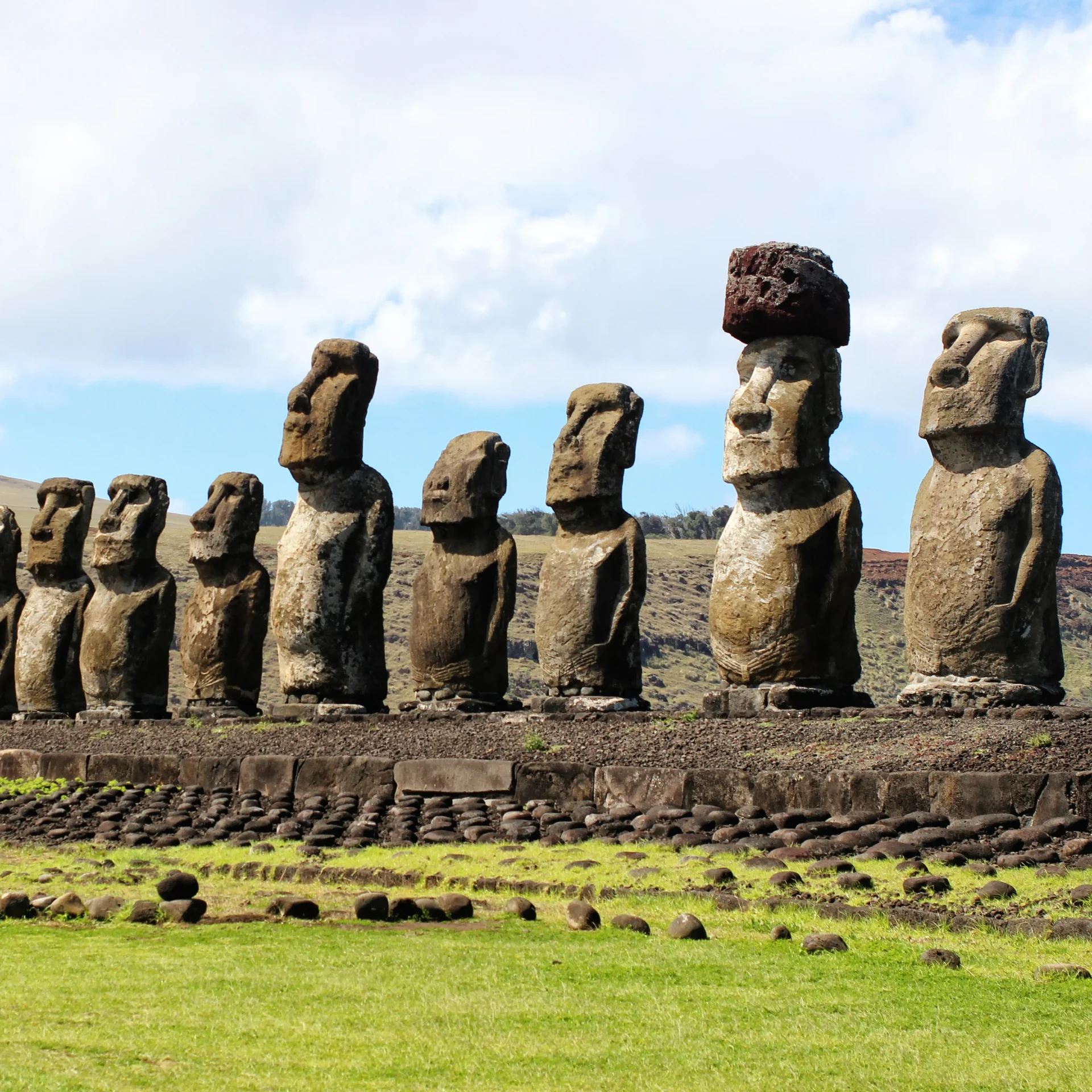 Easter Island statues (moai) on Rapa Nui standing along the coast