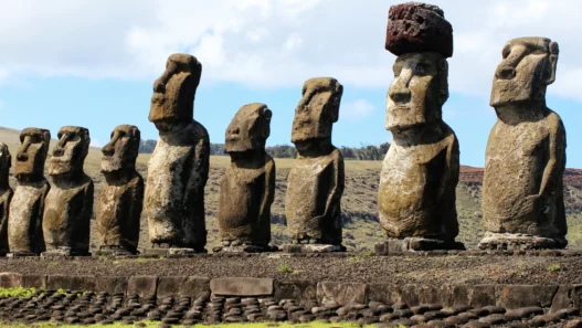 Easter Island statues (moai) on Rapa Nui standing along the coast