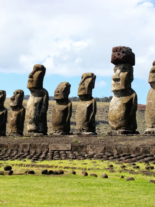 Easter Island statues (moai) on Rapa Nui standing along the coast