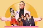 Robbie Williams celebrating his record‑breaking 16th U.K. No. 1 album