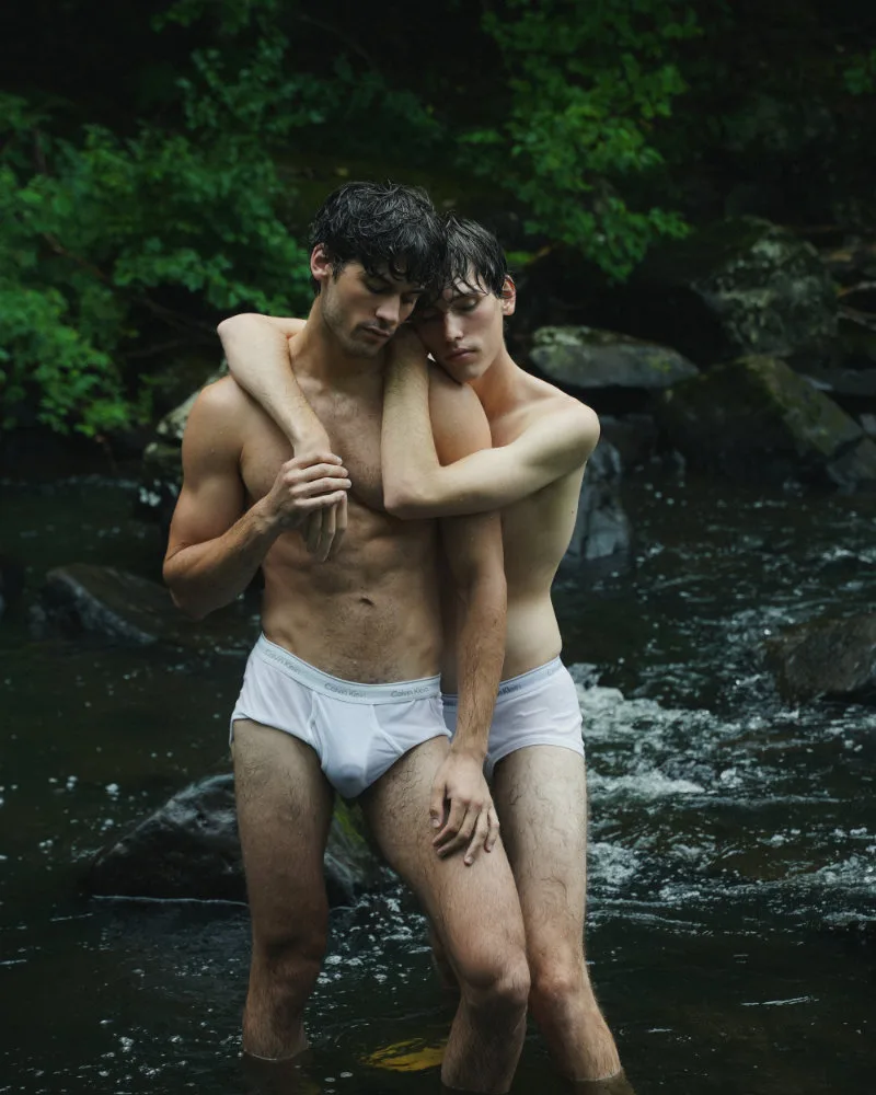 A fashion portrait from The Cottage editorial featuring Aleksander Prus and Luke Kitlen, photographed by Marcus Derricotté.
