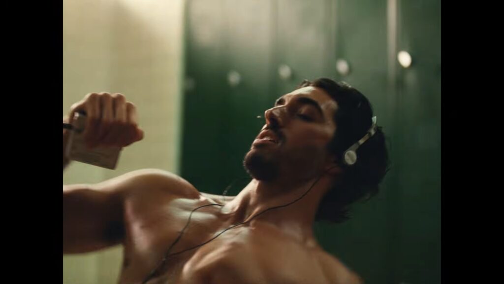 Taylor Zakhar Perez performing a dance routine in Lacoste underwear by the lockers