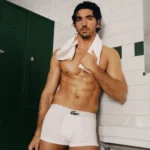 Taylor Zakhar Perez posing in Lacoste underwear during a Paris photoshoot