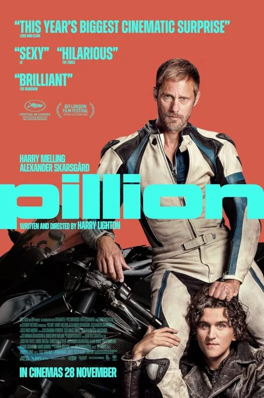 Alexander Skarsgård and Harry Melling in a tense moment from A24’s Pillion trailer