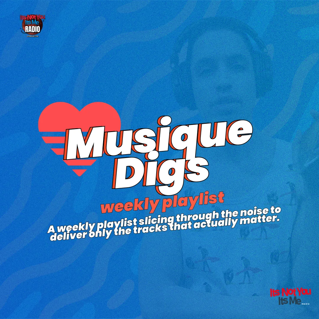 Musique Digs Weekly Playlist header featuring bold white and red text on a vibrant blue background with abstract wave patterns, branded by INYIM Radio and INYIM Media