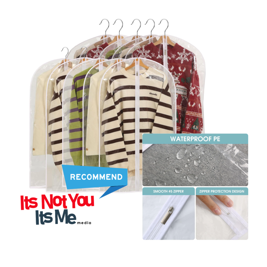 Clear garment bags (Perber 10-pack) protecting hanging clothes from dust in the closet