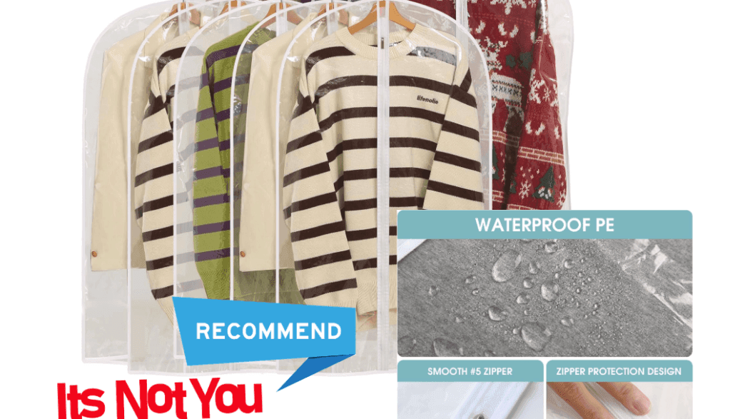 Clear garment bags (Perber 10-pack) protecting hanging clothes from dust in the closet