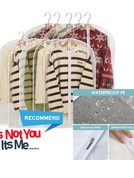 Clear garment bags (Perber 10-pack) protecting hanging clothes from dust in the closet