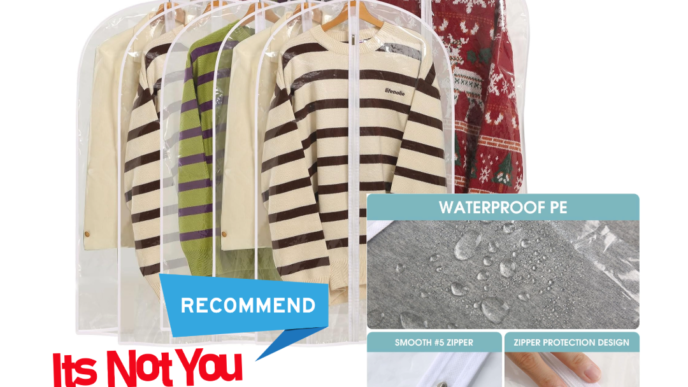 Clear garment bags (Perber 10-pack) protecting hanging clothes from dust in the closet