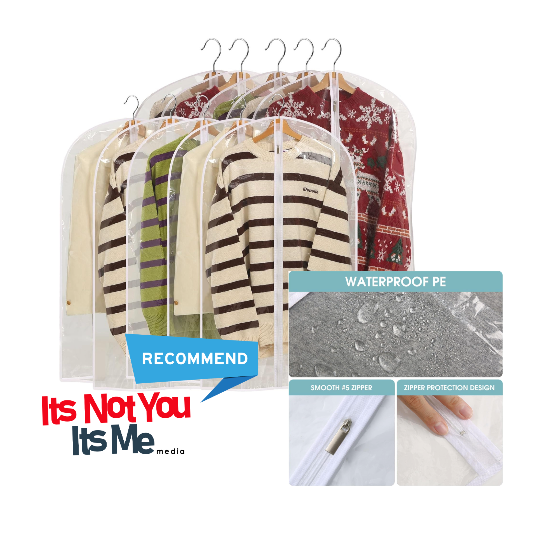 Clear garment bags (Perber 10-pack) protecting hanging clothes from dust in the closet