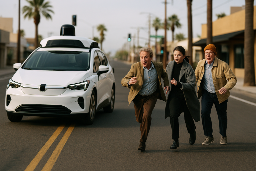 A futuristic self‑driving car speeds down a sunny Phoenix street while three comedic detective‑style characters chase after it with exaggerated expressions.