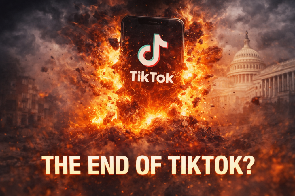 Smartphone displaying TikTok logo surrounded by an explosion, symbolizing fears about the future of TikTok in the United States.