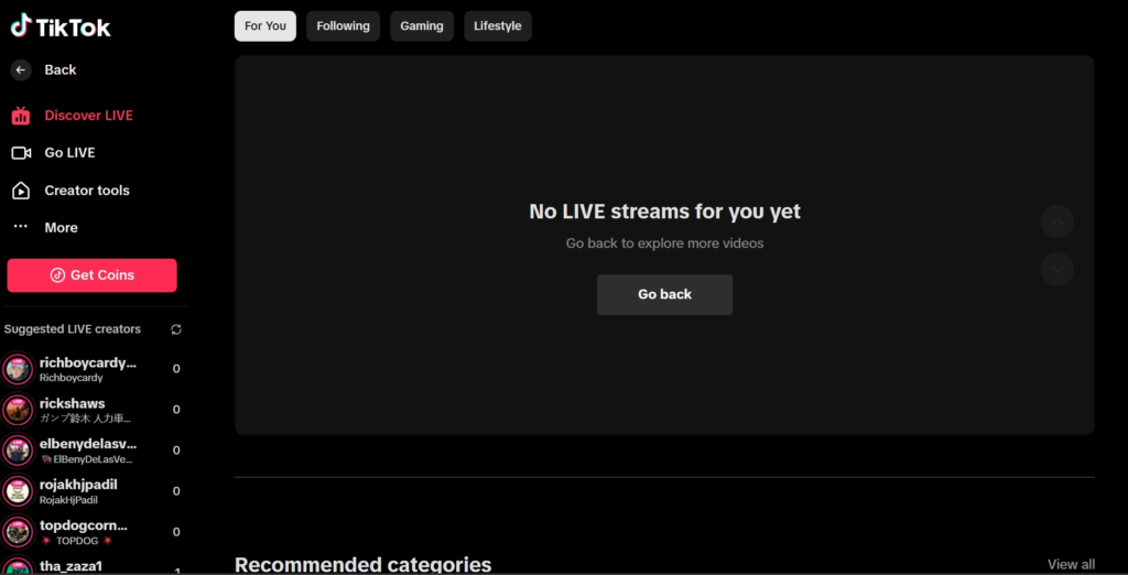 TikTok Live screen showing “No LIVE streams for you yet,” indicating Live streams are not available for U.S. users.