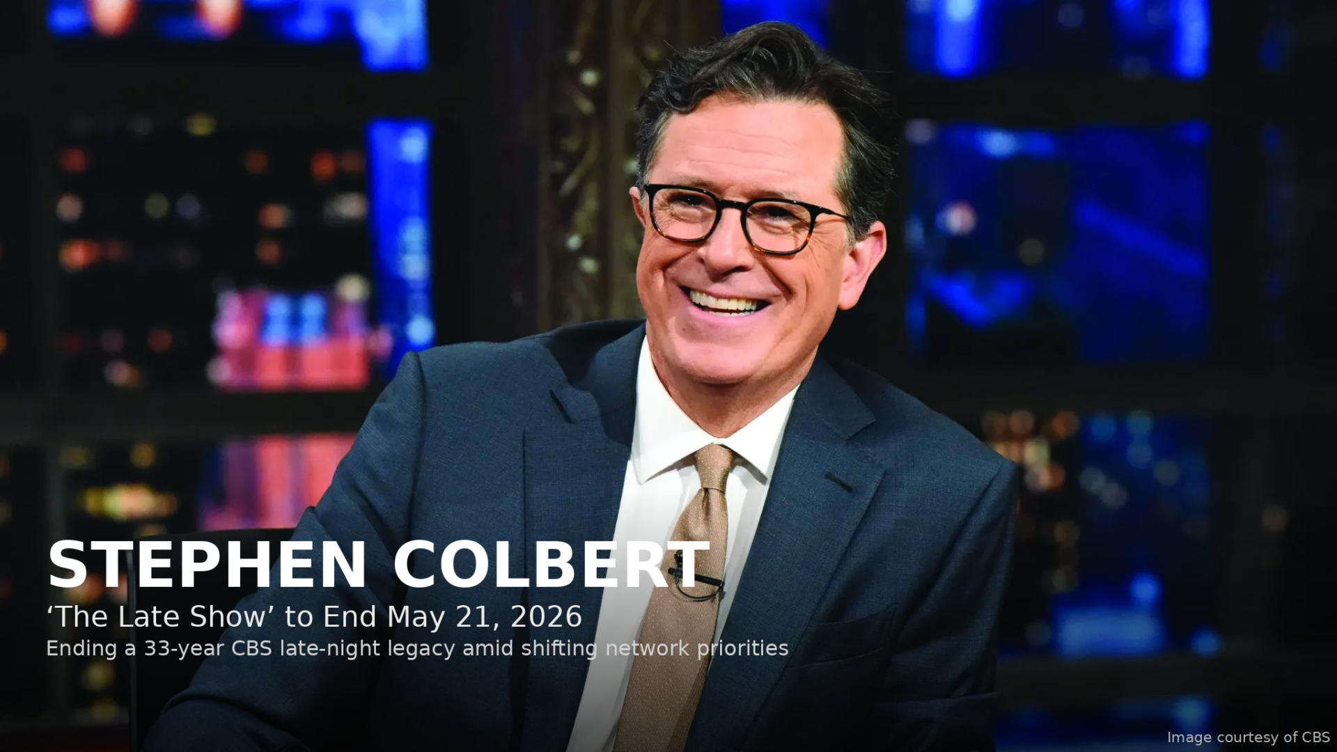 Stephen Colbert on The Late Show set ahead of the show’s final 2026 curtain call after 33 years on CBS