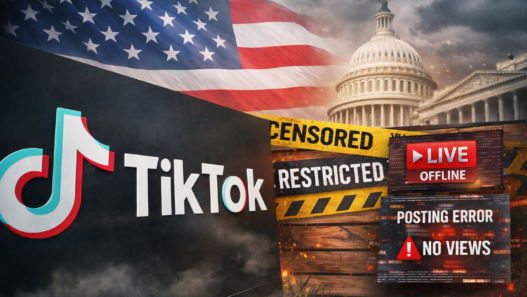 TikTok logo with U.S. flag and Capitol as “censored” and “restricted” overlays suggest Live outages and posting errors for American users.