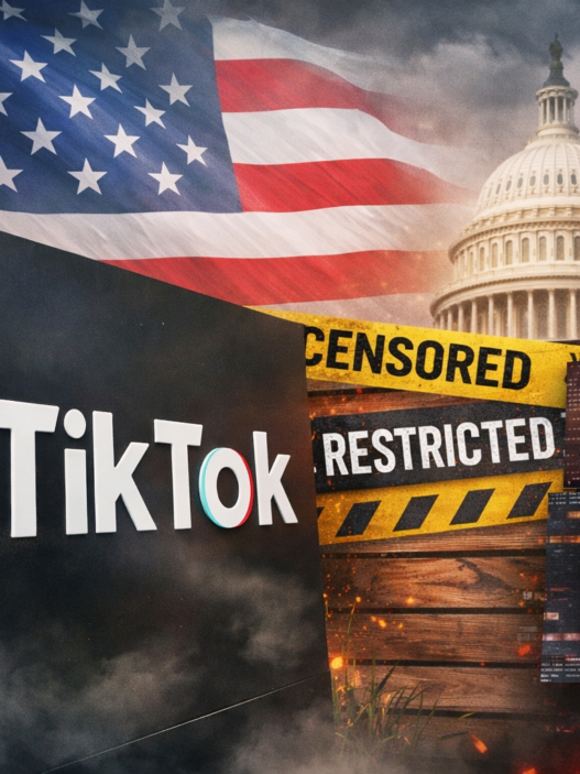 TikTok logo with U.S. flag and Capitol as “censored” and “restricted” overlays suggest Live outages and posting errors for American users.