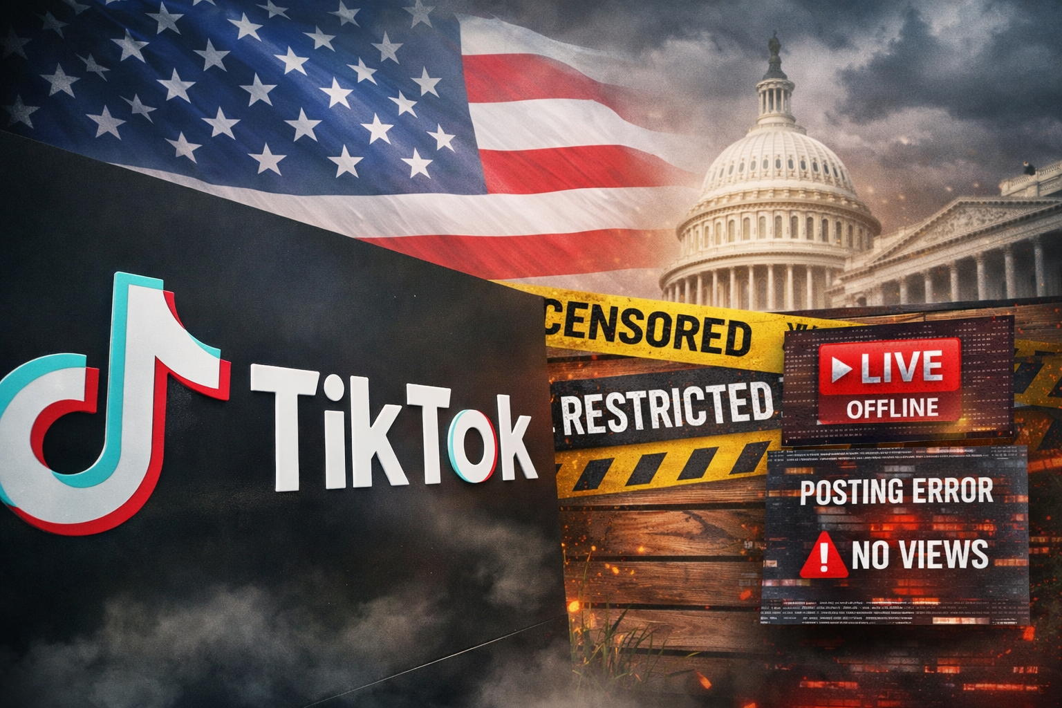 TikTok logo with U.S. flag and Capitol as “censored” and “restricted” overlays suggest Live outages and posting errors for American users.
