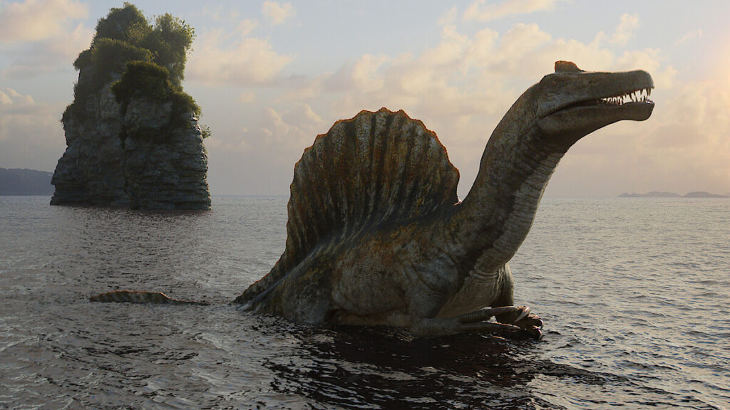 Cinematic prehistoric landscape from Netflix’s “The Dinosaurs,” featuring lush terrain and roaming dinosaurs.