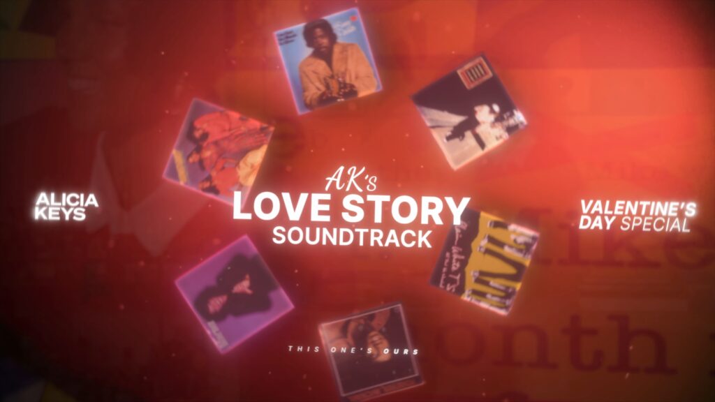 Promotional Valentine’s Day graphic for Alicia Keys’ “AK’s Love Story Soundtrack,” featuring a red background with glowing accents and six album covers surrounding the title.