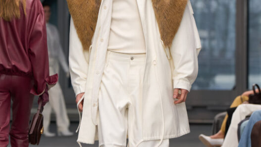 Model walking the Calvin Klein Fall/Winter 2026 runway designed by Veronica Leoni at New York Fashion Week.