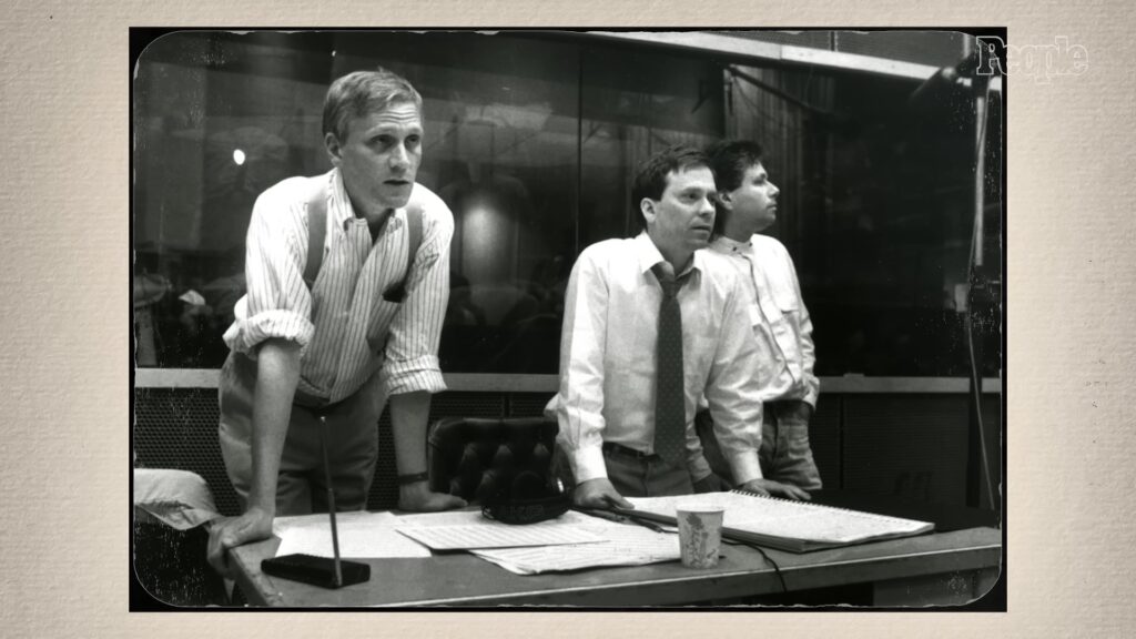 Alan Menken and collaborators in a recording studio control room during the creation of Beauty and the Beast