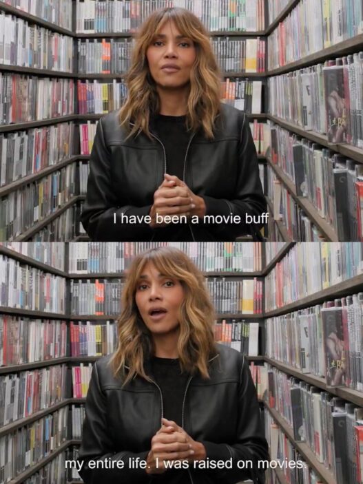 Halle Berry selecting films inside the Criterion Closet during her episode of “Closet Picks.”