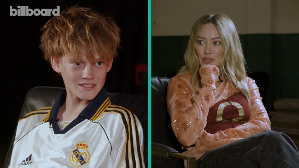 Hilary Duff and her son Luca chatting in her studio during their Billboard Family interview.