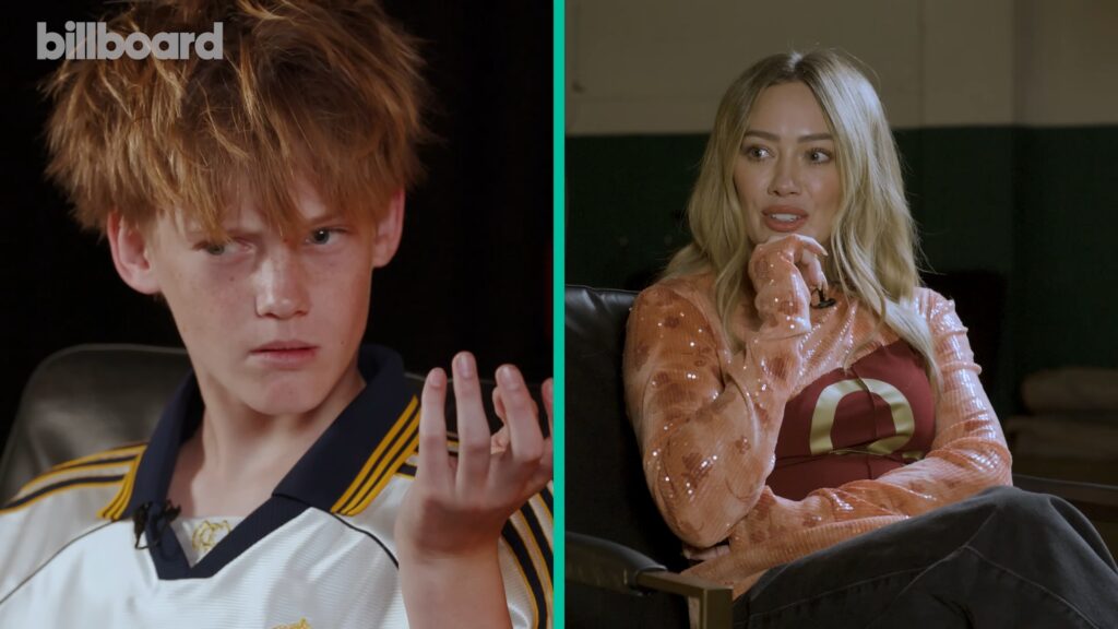 Luca Cruz Comrie reacting with shock as mom Hilary Duff explains what calf fries really are.