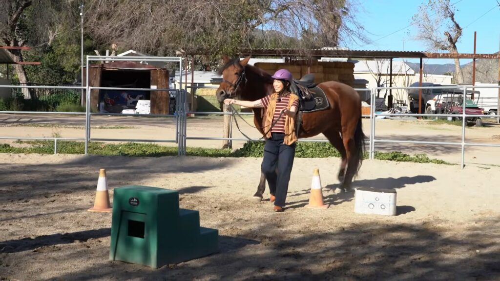 Awkwafina leading a saddled horse through an outdoor riding arena during a Lunar New Year lesson